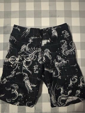 Hurley Black and White Dragon-Accent Swim Shorts